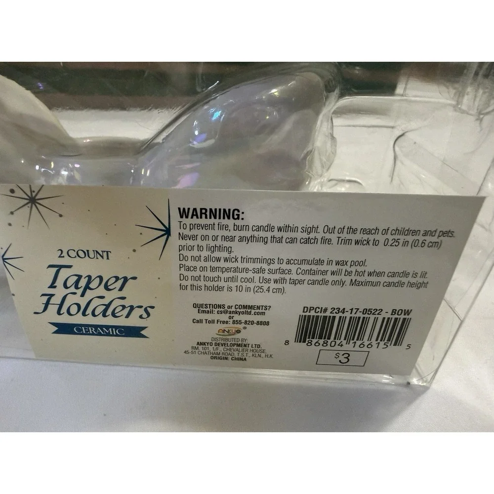 2 Count Ceramic Taper Holders Iridescent White Bow Design Candle Holders NIB
